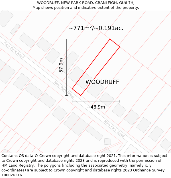 WOODRUFF, NEW PARK ROAD, CRANLEIGH, GU6 7HJ: Plot and title map