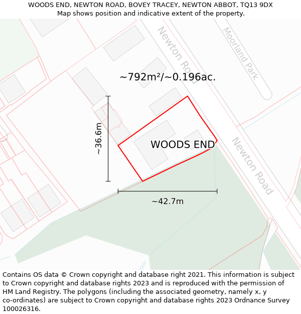 WOODS END, NEWTON ROAD, BOVEY TRACEY, NEWTON ABBOT, TQ13 9DX: Plot and title map