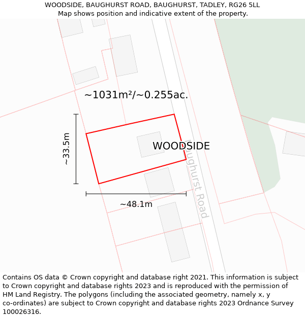 WOODSIDE, BAUGHURST ROAD, BAUGHURST, TADLEY, RG26 5LL: Plot and title map