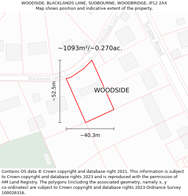 WOODSIDE, BLACKLANDS LANE, SUDBOURNE, WOODBRIDGE, IP12 2AX: Plot and title map