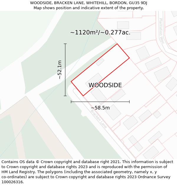 WOODSIDE, BRACKEN LANE, WHITEHILL, BORDON, GU35 9DJ: Plot and title map
