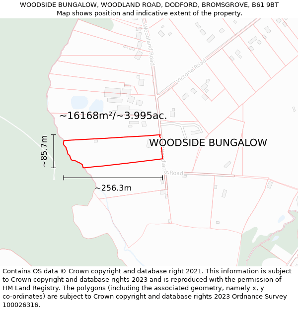 WOODSIDE BUNGALOW, WOODLAND ROAD, DODFORD, BROMSGROVE, B61 9BT: Plot and title map