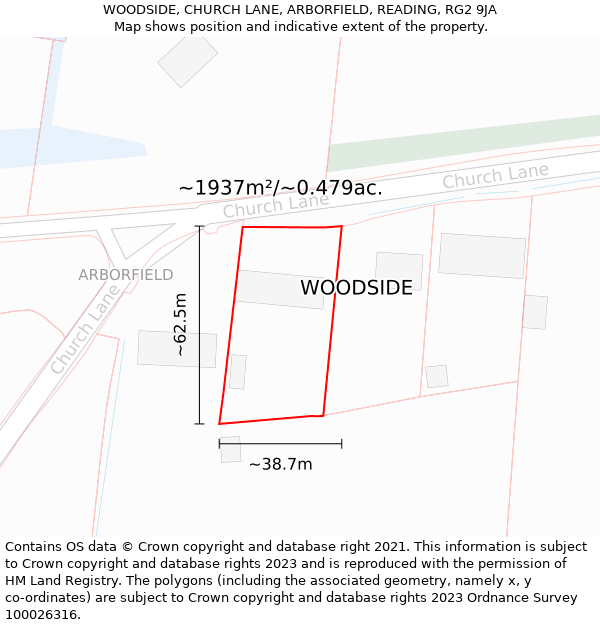 WOODSIDE, CHURCH LANE, ARBORFIELD, READING, RG2 9JA: Plot and title map