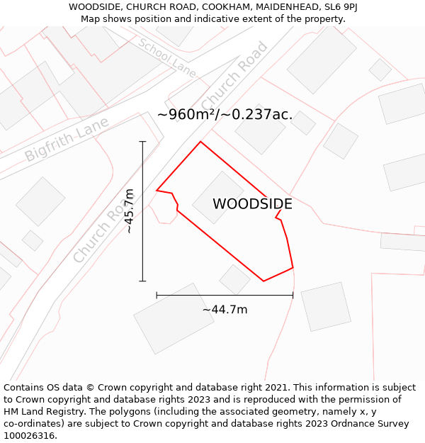WOODSIDE, CHURCH ROAD, COOKHAM, MAIDENHEAD, SL6 9PJ: Plot and title map
