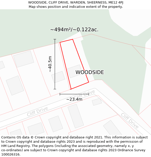 WOODSIDE, CLIFF DRIVE, WARDEN, SHEERNESS, ME12 4PJ: Plot and title map