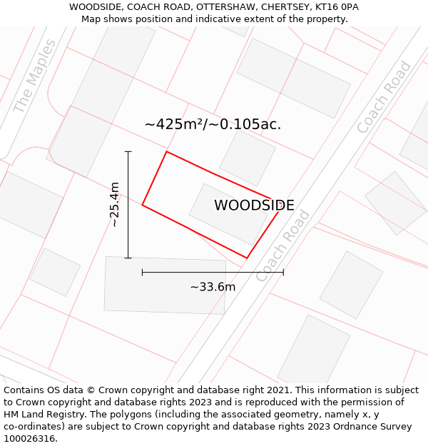 WOODSIDE, COACH ROAD, OTTERSHAW, CHERTSEY, KT16 0PA: Plot and title map