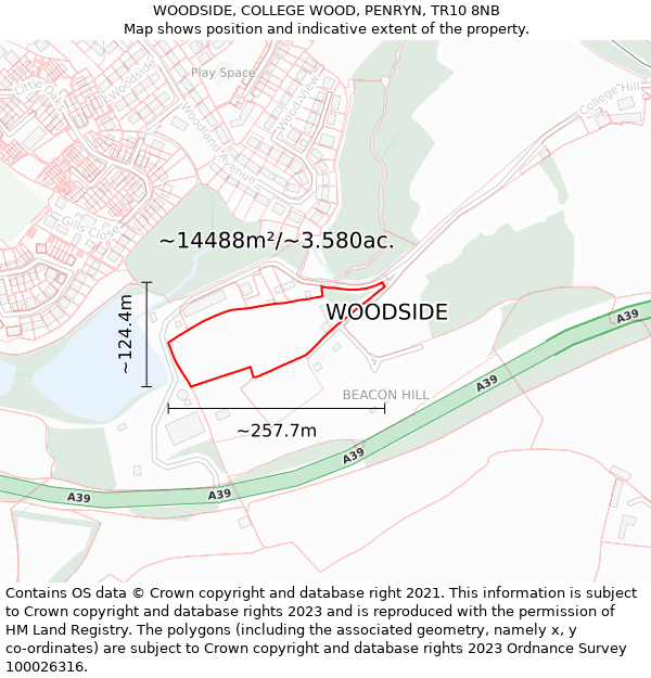 WOODSIDE, COLLEGE WOOD, PENRYN, TR10 8NB: Plot and title map