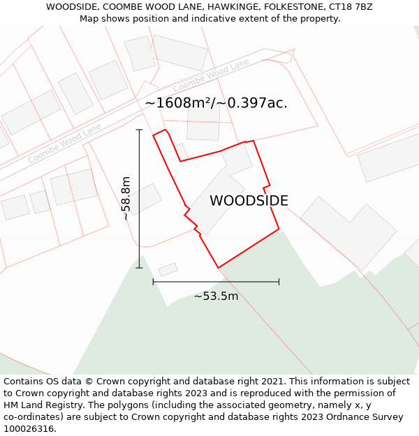 WOODSIDE, COOMBE WOOD LANE, HAWKINGE, FOLKESTONE, CT18 7BZ: Plot and title map