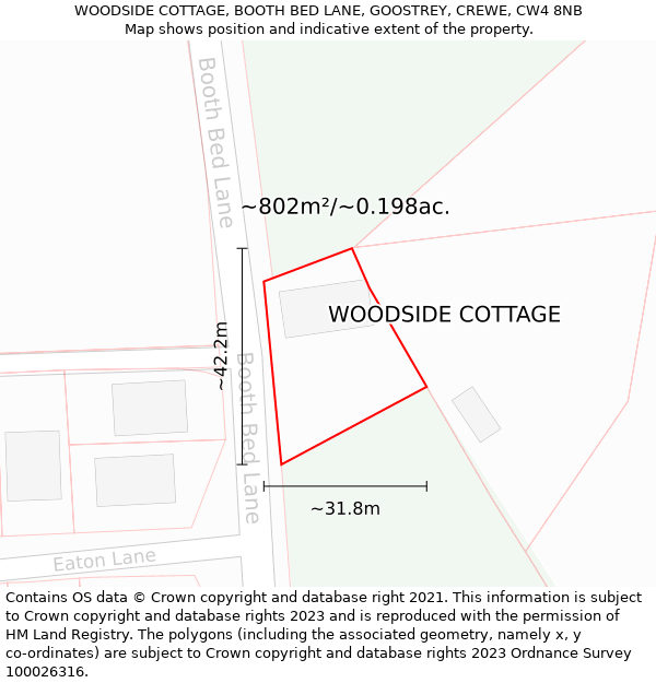 WOODSIDE COTTAGE, BOOTH BED LANE, GOOSTREY, CREWE, CW4 8NB: Plot and title map