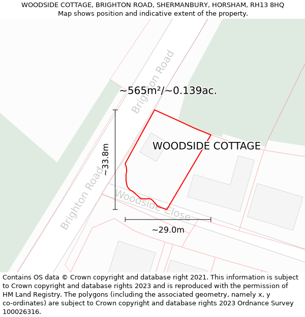 WOODSIDE COTTAGE, BRIGHTON ROAD, SHERMANBURY, HORSHAM, RH13 8HQ: Plot and title map
