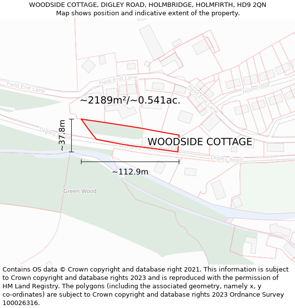 WOODSIDE COTTAGE, DIGLEY ROAD, HOLMBRIDGE, HOLMFIRTH, HD9 2QN: Plot and title map