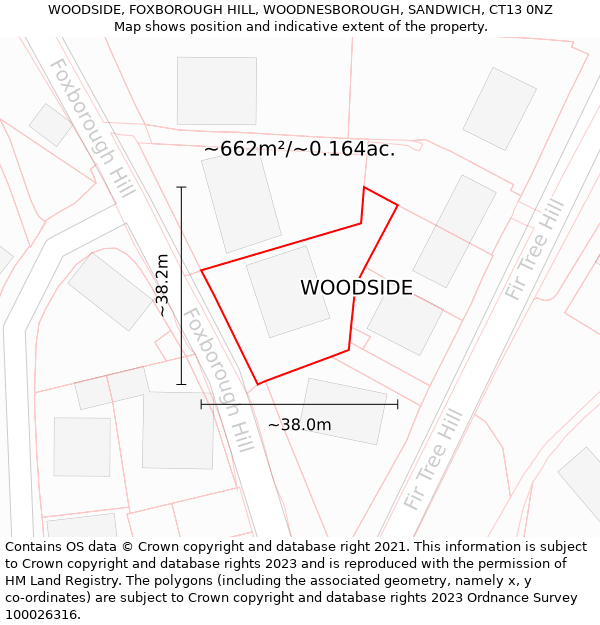 WOODSIDE, FOXBOROUGH HILL, WOODNESBOROUGH, SANDWICH, CT13 0NZ: Plot and title map