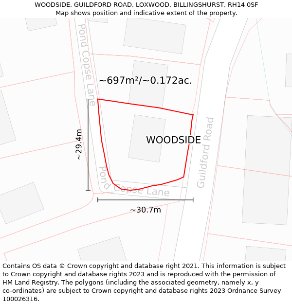 WOODSIDE, GUILDFORD ROAD, LOXWOOD, BILLINGSHURST, RH14 0SF: Plot and title map