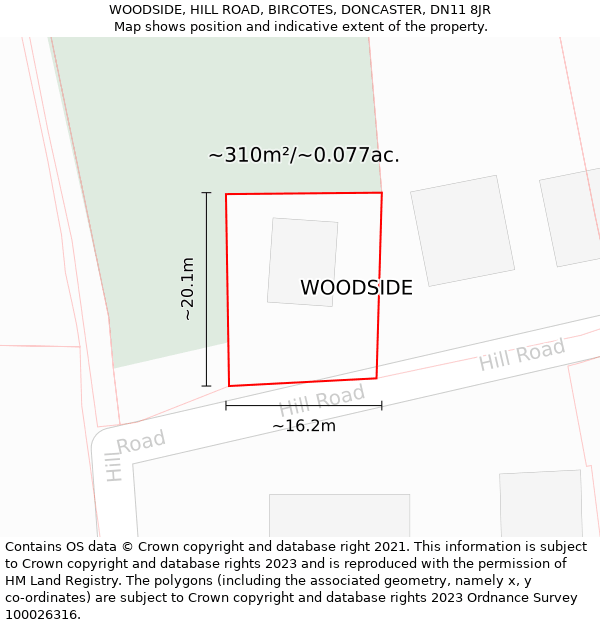 WOODSIDE, HILL ROAD, BIRCOTES, DONCASTER, DN11 8JR: Plot and title map