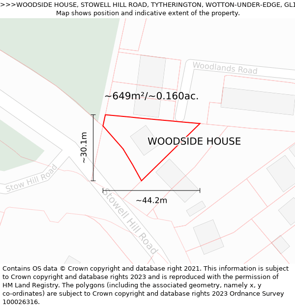 WOODSIDE HOUSE, STOWELL HILL ROAD, TYTHERINGTON, WOTTON-UNDER-EDGE, GL12 8UH: Plot and title map