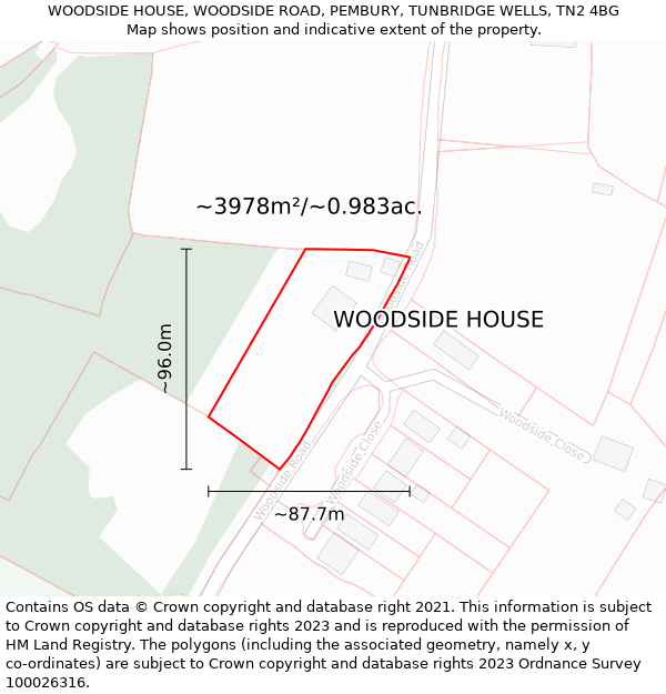 WOODSIDE HOUSE, WOODSIDE ROAD, PEMBURY, TUNBRIDGE WELLS, TN2 4BG: Plot and title map