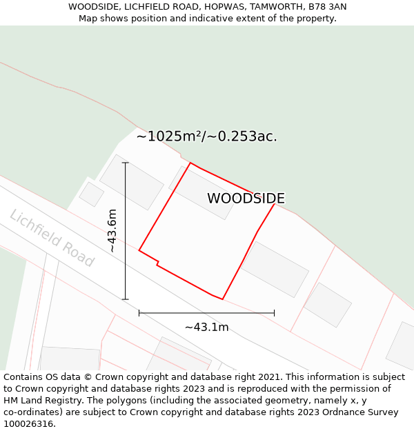 WOODSIDE, LICHFIELD ROAD, HOPWAS, TAMWORTH, B78 3AN: Plot and title map