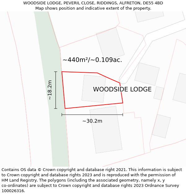 WOODSIDE LODGE, PEVERIL CLOSE, RIDDINGS, ALFRETON, DE55 4BD: Plot and title map