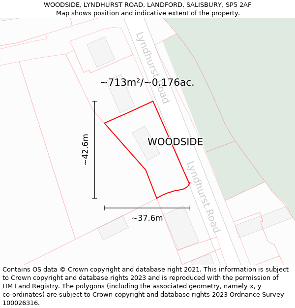 WOODSIDE, LYNDHURST ROAD, LANDFORD, SALISBURY, SP5 2AF: Plot and title map