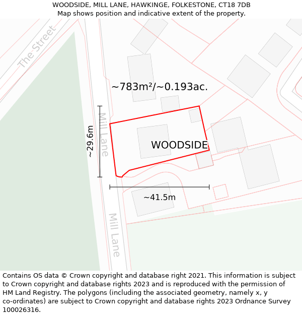 WOODSIDE, MILL LANE, HAWKINGE, FOLKESTONE, CT18 7DB: Plot and title map