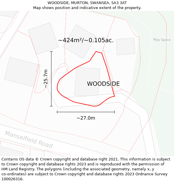 WOODSIDE, MURTON, SWANSEA, SA3 3AT: Plot and title map