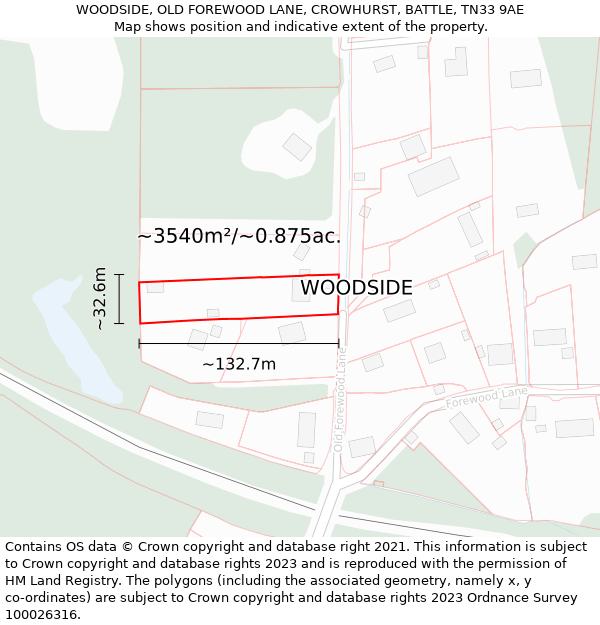 WOODSIDE, OLD FOREWOOD LANE, CROWHURST, BATTLE, TN33 9AE: Plot and title map