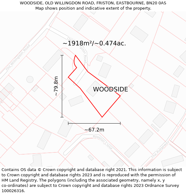WOODSIDE, OLD WILLINGDON ROAD, FRISTON, EASTBOURNE, BN20 0AS: Plot and title map
