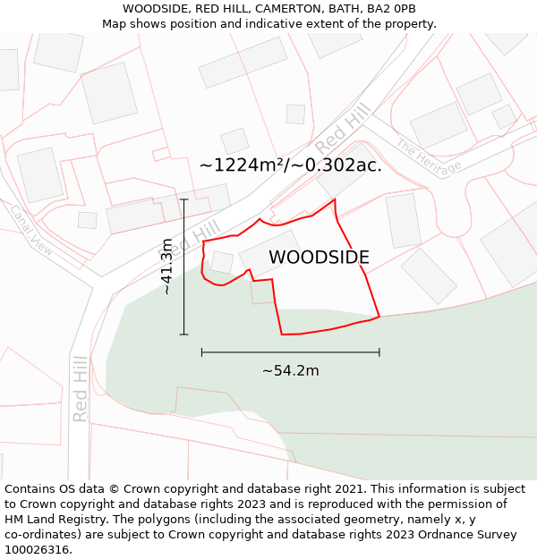 WOODSIDE, RED HILL, CAMERTON, BATH, BA2 0PB: Plot and title map