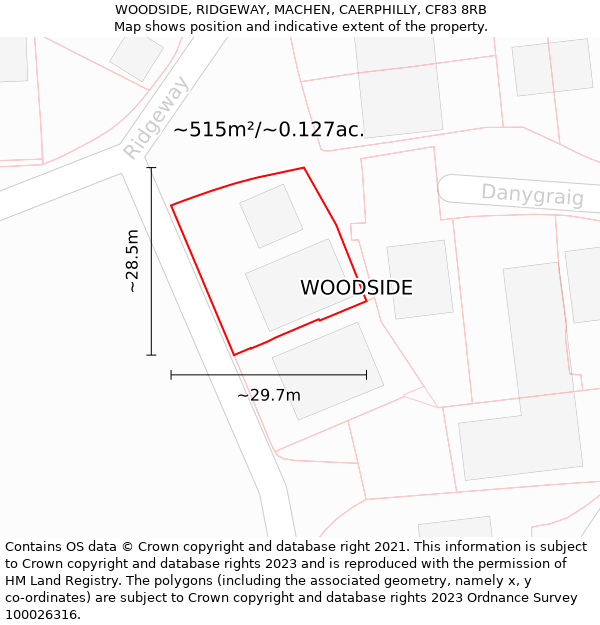 WOODSIDE, RIDGEWAY, MACHEN, CAERPHILLY, CF83 8RB: Plot and title map
