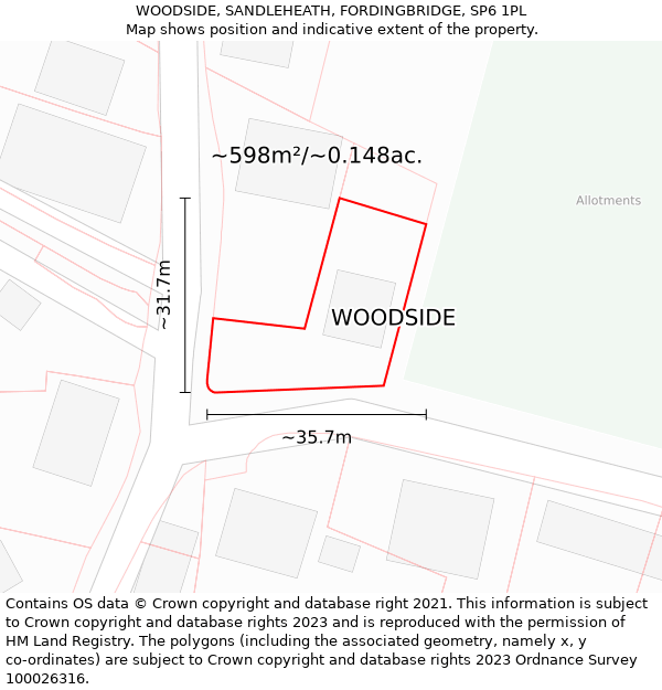 WOODSIDE, SANDLEHEATH, FORDINGBRIDGE, SP6 1PL: Plot and title map