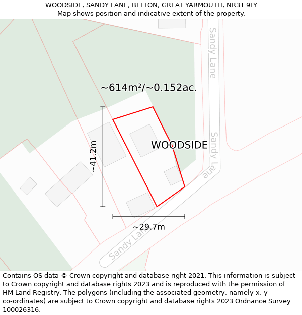 WOODSIDE, SANDY LANE, BELTON, GREAT YARMOUTH, NR31 9LY: Plot and title map