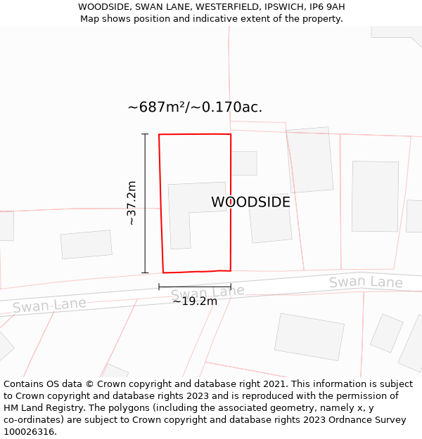 WOODSIDE, SWAN LANE, WESTERFIELD, IPSWICH, IP6 9AH: Plot and title map