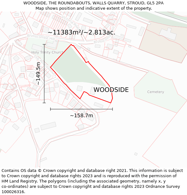 WOODSIDE, THE ROUNDABOUTS, WALLS QUARRY, STROUD, GL5 2PA: Plot and title map