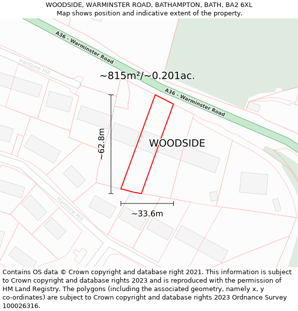 WOODSIDE, WARMINSTER ROAD, BATHAMPTON, BATH, BA2 6XL: Plot and title map