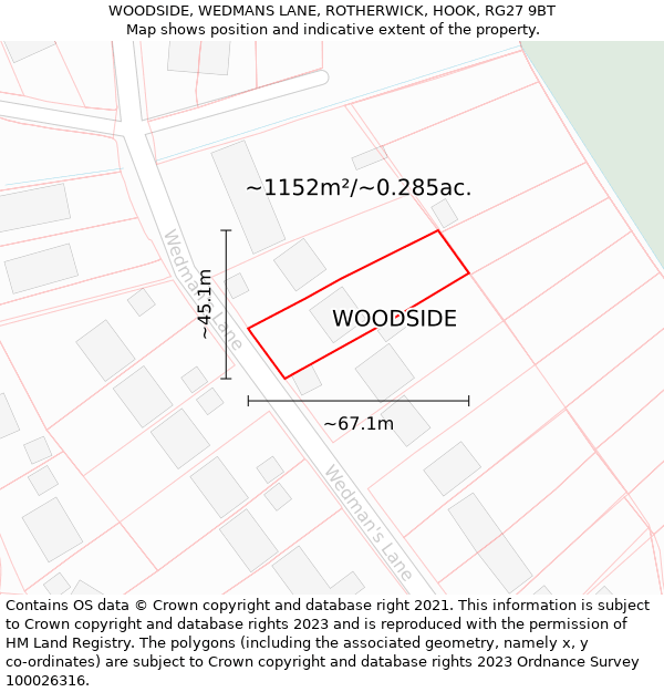 WOODSIDE, WEDMANS LANE, ROTHERWICK, HOOK, RG27 9BT: Plot and title map