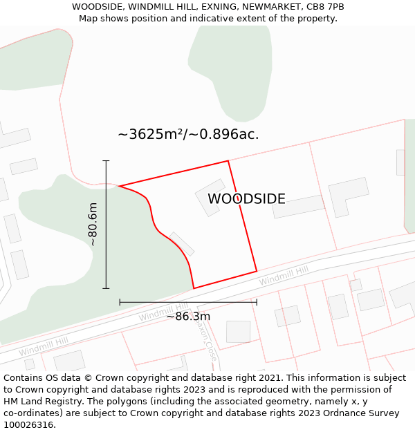 WOODSIDE, WINDMILL HILL, EXNING, NEWMARKET, CB8 7PB: Plot and title map