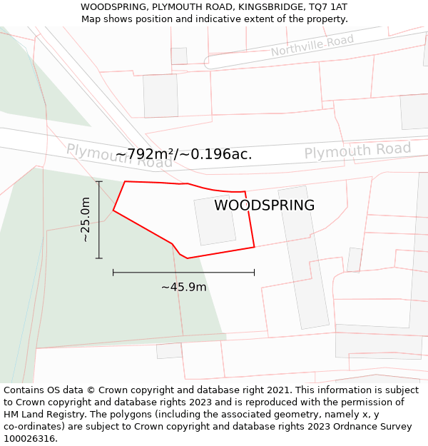 WOODSPRING, PLYMOUTH ROAD, KINGSBRIDGE, TQ7 1AT: Plot and title map