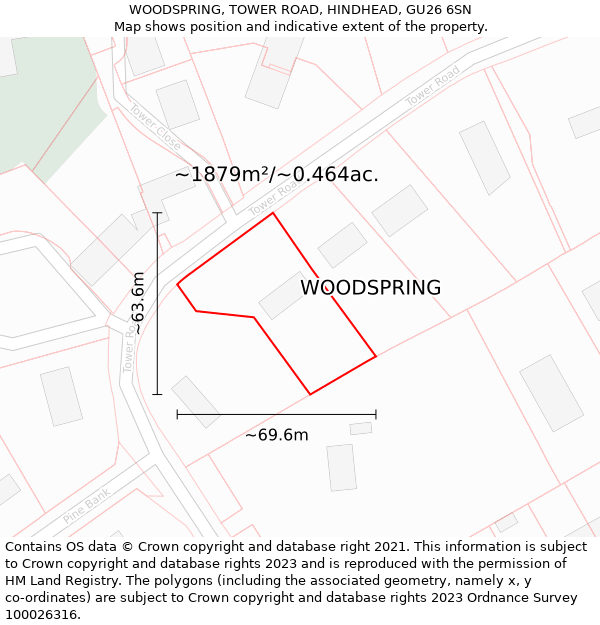 WOODSPRING, TOWER ROAD, HINDHEAD, GU26 6SN: Plot and title map