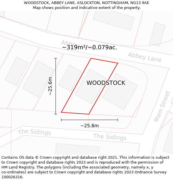 WOODSTOCK, ABBEY LANE, ASLOCKTON, NOTTINGHAM, NG13 9AE: Plot and title map