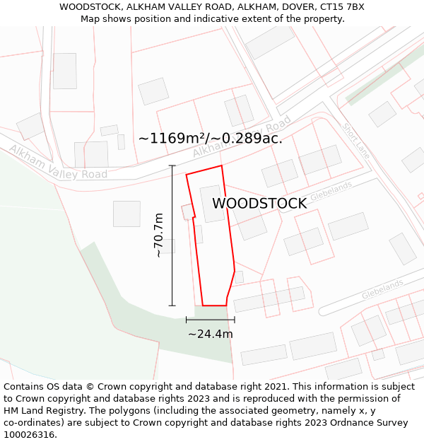 WOODSTOCK, ALKHAM VALLEY ROAD, ALKHAM, DOVER, CT15 7BX: Plot and title map