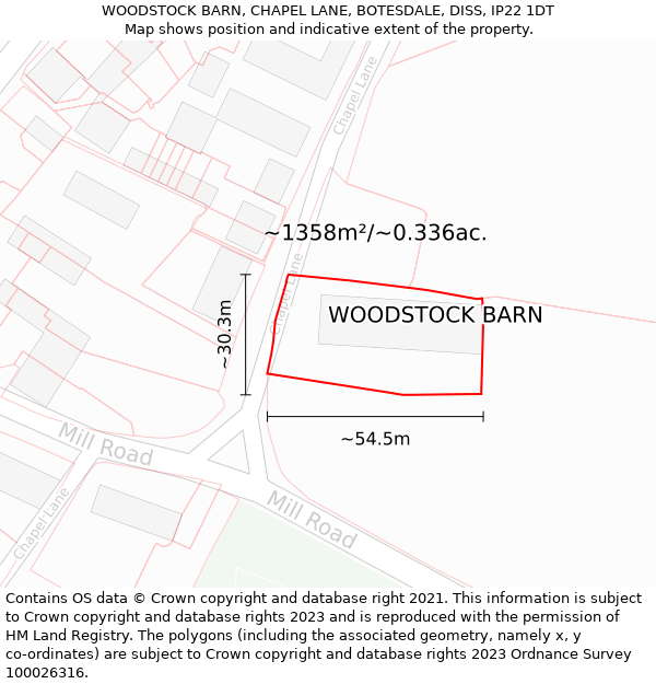 WOODSTOCK BARN, CHAPEL LANE, BOTESDALE, DISS, IP22 1DT: Plot and title map