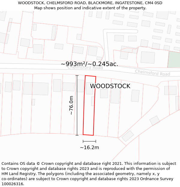 WOODSTOCK, CHELMSFORD ROAD, BLACKMORE, INGATESTONE, CM4 0SD: Plot and title map