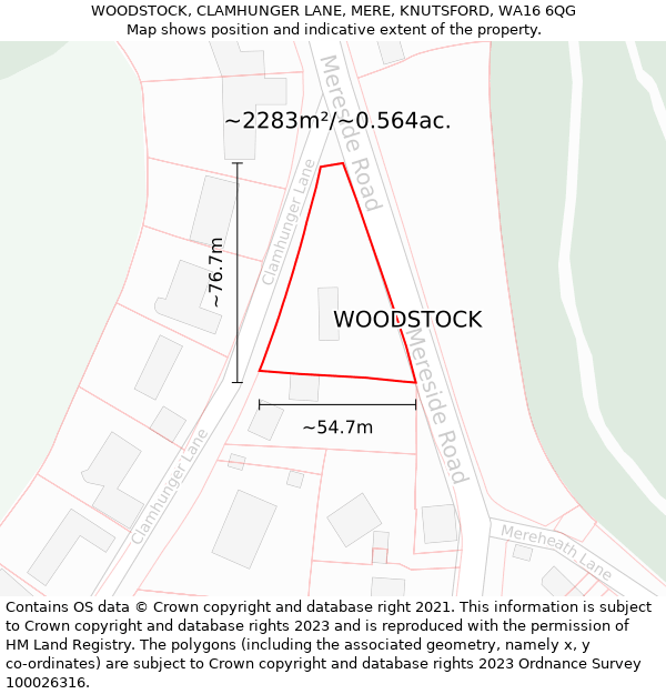 WOODSTOCK, CLAMHUNGER LANE, MERE, KNUTSFORD, WA16 6QG: Plot and title map