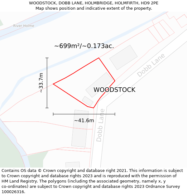 WOODSTOCK, DOBB LANE, HOLMBRIDGE, HOLMFIRTH, HD9 2PE: Plot and title map
