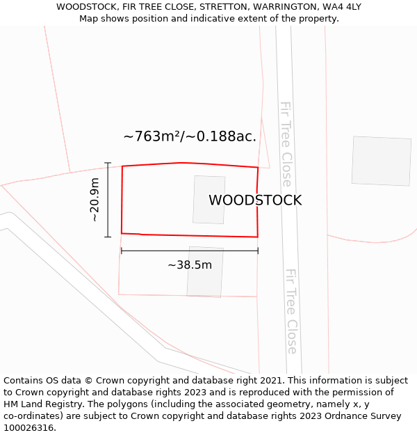 WOODSTOCK, FIR TREE CLOSE, STRETTON, WARRINGTON, WA4 4LY: Plot and title map