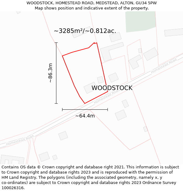 WOODSTOCK, HOMESTEAD ROAD, MEDSTEAD, ALTON, GU34 5PW: Plot and title map