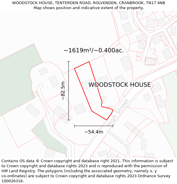 WOODSTOCK HOUSE, TENTERDEN ROAD, ROLVENDEN, CRANBROOK, TN17 4NB: Plot and title map