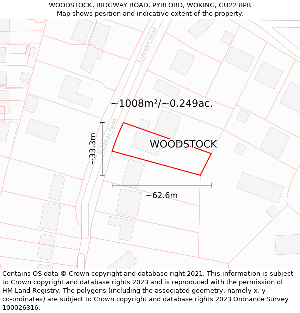 WOODSTOCK, RIDGWAY ROAD, PYRFORD, WOKING, GU22 8PR: Plot and title map