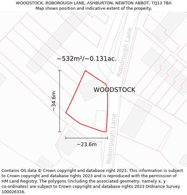 WOODSTOCK, ROBOROUGH LANE, ASHBURTON, NEWTON ABBOT, TQ13 7BA: Plot and title map