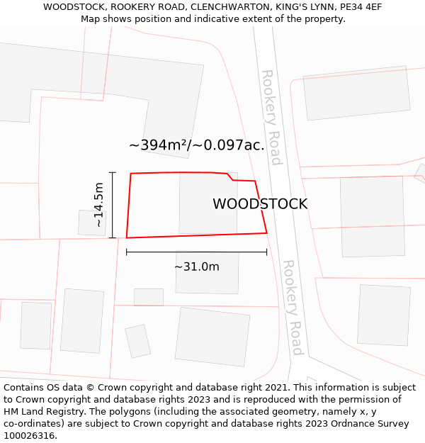 WOODSTOCK, ROOKERY ROAD, CLENCHWARTON, KING'S LYNN, PE34 4EF: Plot and title map